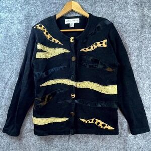 Vintage Victoria Harbour Cardigan Sweater Womens S Black Sequin Cheetah Mob Wife